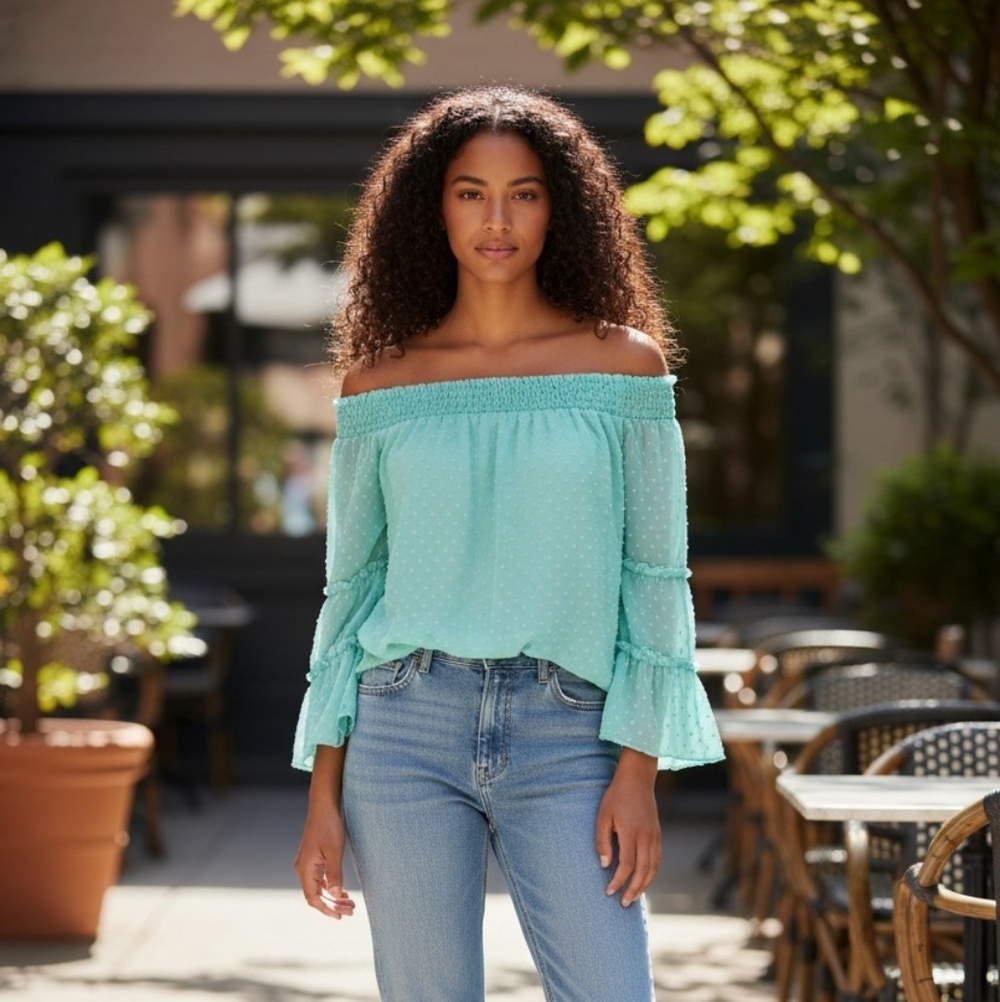 Chic Off-Shoulder Aqua Blouse